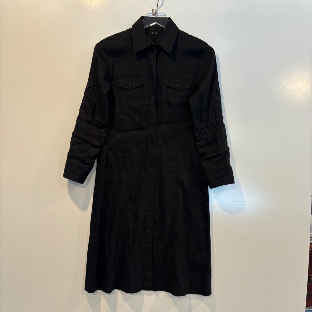 Theory Saige Button Down Linen Blend Shirt Dress Black Tab Sleeve Womens Size 6 - Picture 3 of 7